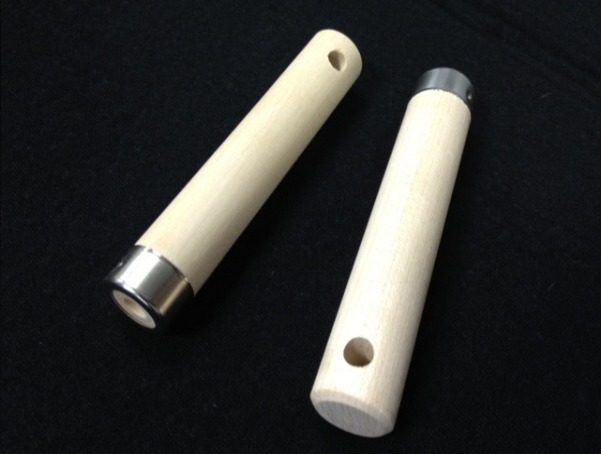 Two custom wood handles with metal ferrules, featuring a cross bore hole and an end bore for secure fitting attachment.